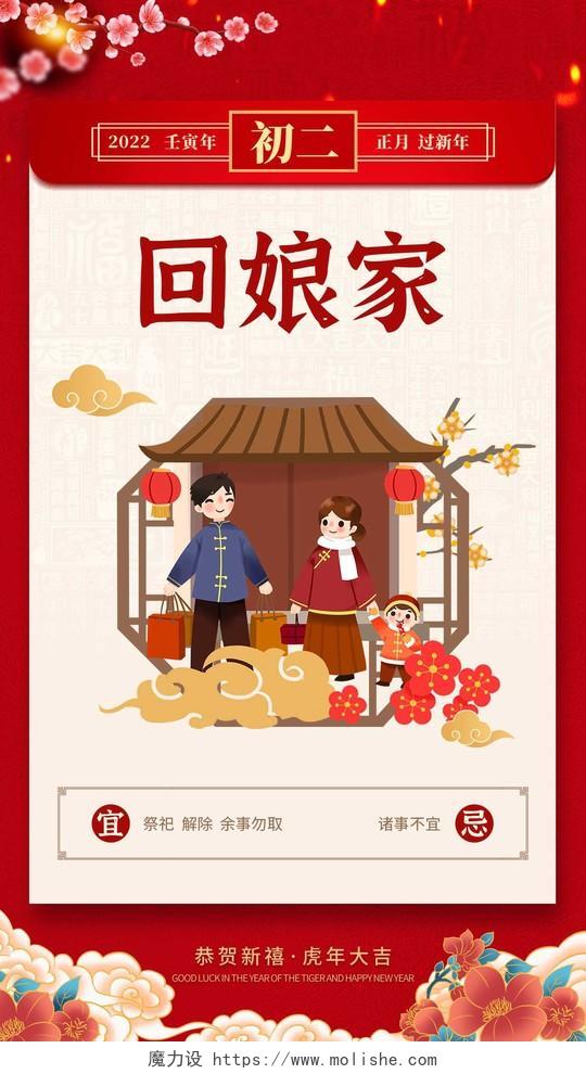 红色简约初二回娘家初一至初八春节习俗手机宣传海报